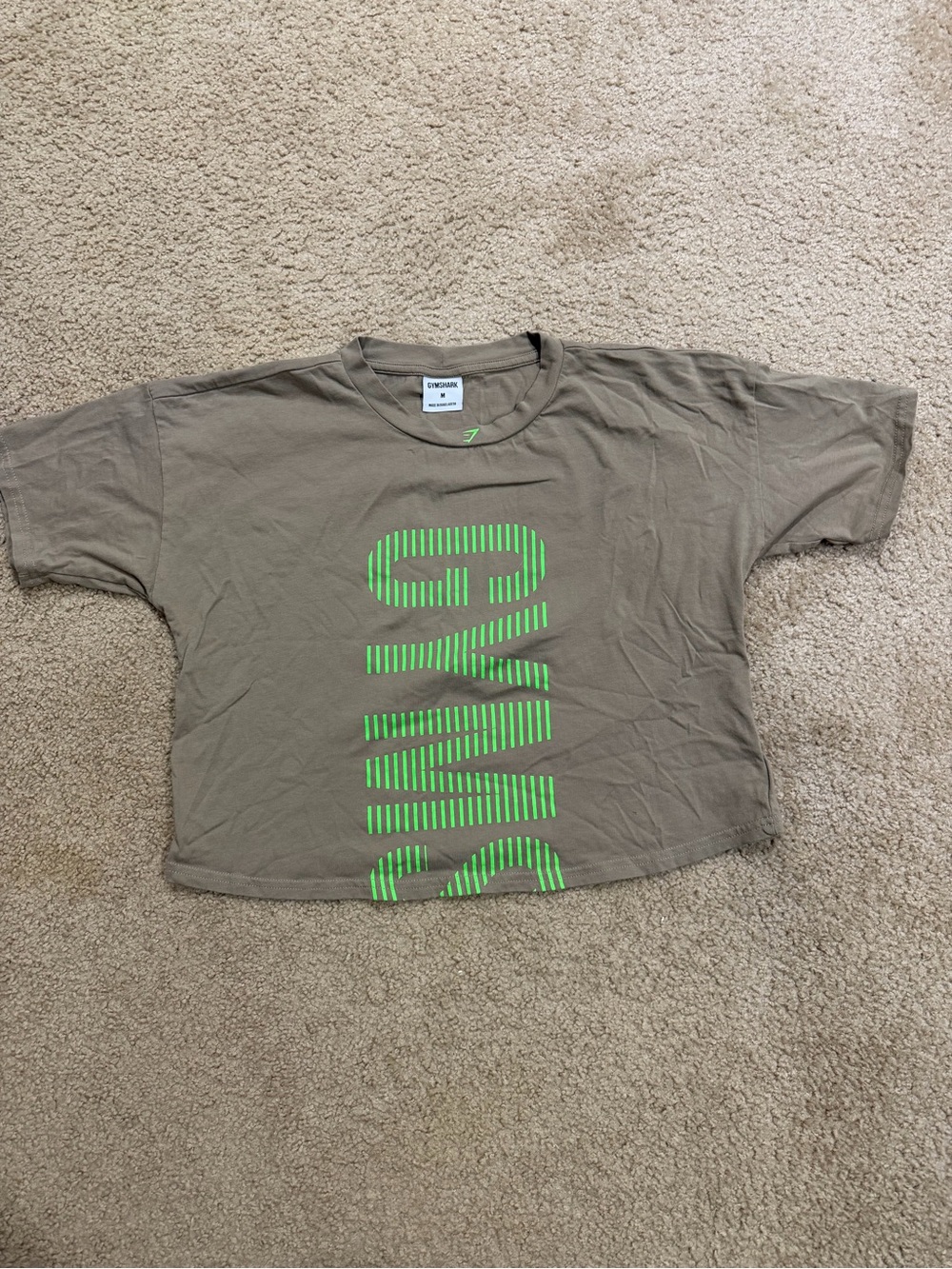 Gymshark Khaki Tee with Neon Green Vertical Logo